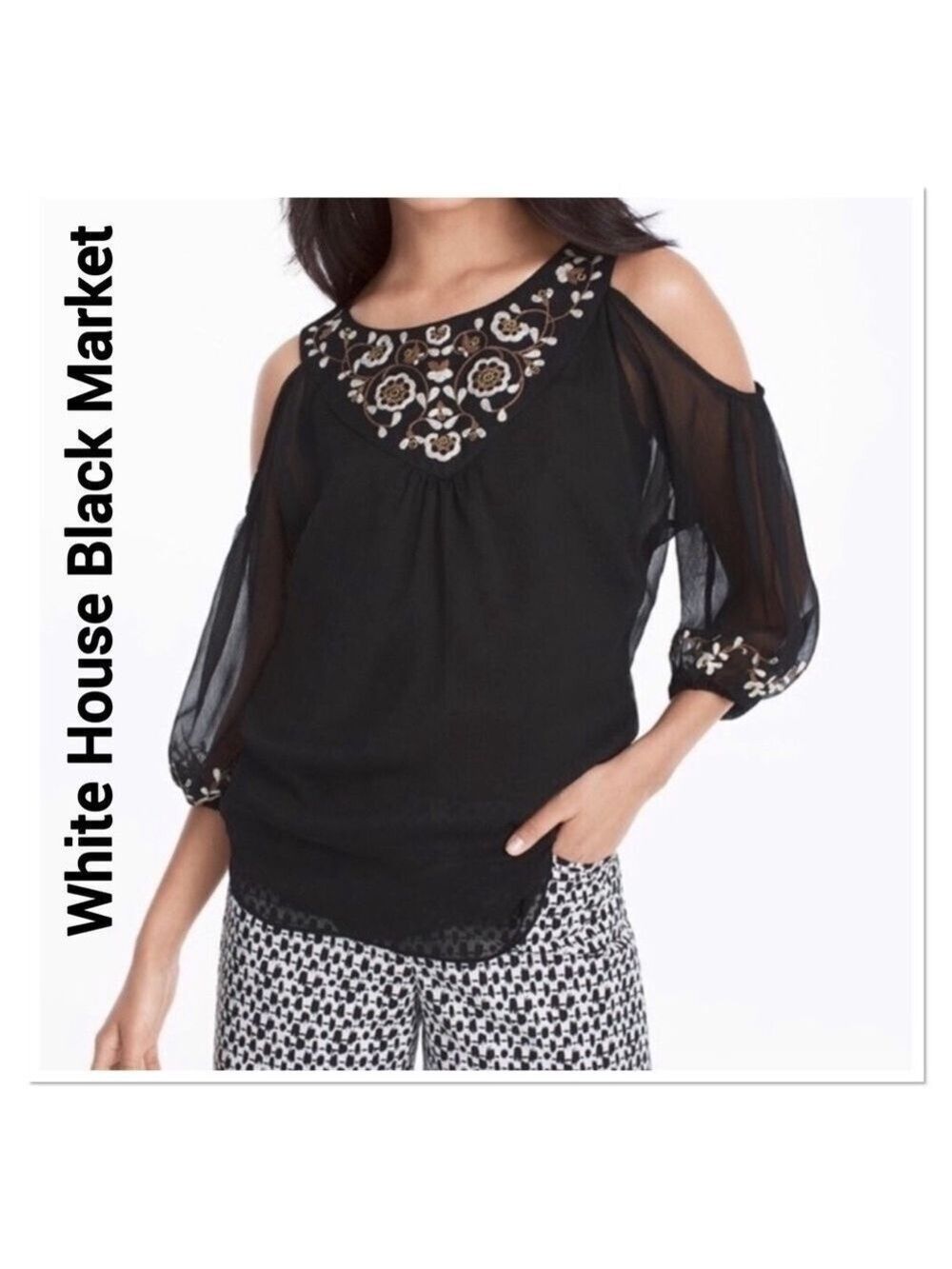 WHITE HOUSE BLACK MARKET Black Floral Embroidered Cold Shoulder Top XS NWT
